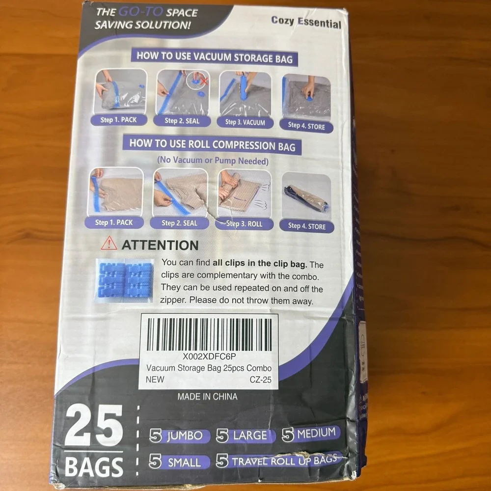 Cozy Essential 25 Pack Vacuum Storage Bags Combo with Hand Pump CZ-25 New